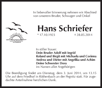 Traueranzeige von Hans Schriefer von Pegnitz-Zeitung